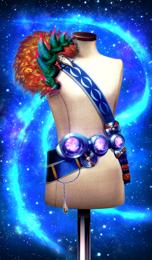 belt belt_buckle belt_chain blue_background blue_belt blue_sash buckle clothes_focus commentary fate/grand_order fate_(series) hayosena light_trail mannequin no_humans official_art sash shoulder_sash single_shoulder_pad space star_(sky) starry_sky_background still_life third-party_source