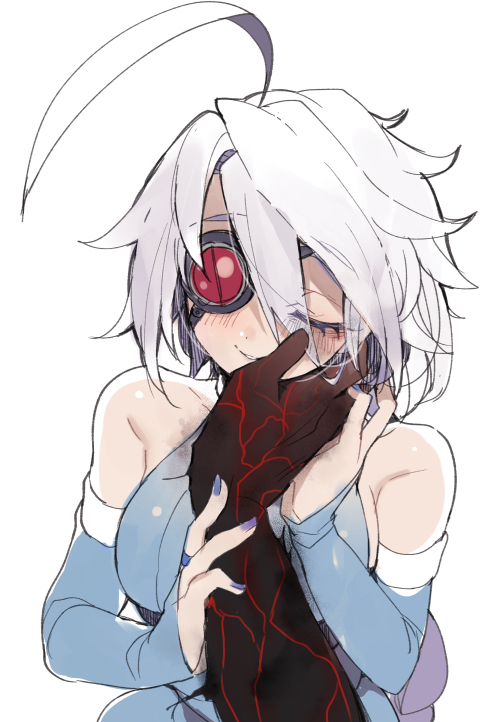 1boy 1girl ahoge bare_shoulders blazblue blush eyepatch closed_eyes hand_on_another&#039;s_face nu-13 short_hair uzukinoko white_hair