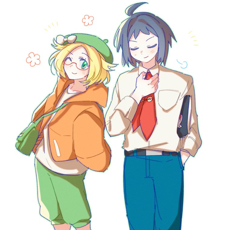 1boy 1girl ;) ahoge bag belt bianca_(pokemon) black_belt black_hair blonde_hair blue_pants bow cheren_(pokemon) closed_eyes closed_mouth collared_shirt glasses green_bag green_eyes green_hat green_pants hand_in_pocket hat hat_bow jacket kong_(6ki3ki) long_sleeves looking_at_viewer necktie nintendo one_eye_closed open_clothes open_jacket orange_jacket pants pokemon pokemon_bw2 red-framed_eyewear red_necktie shirt short_hair shoulder_bag smile white_background white_bow white_shirt