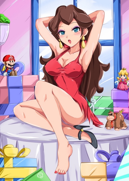 1girl armpits barefoot black_shoes blush breasts brown_hair character_doll cleavage covered_erect_nipples doll donkey_kong_(series) dress eyeshadow female_focus gift high_heels image_sample large_breasts makeup mario mario_(series) mario_vs._donkey_kong mario_vs._donkey_kong_2:_march_of_the_minis md5_mismatch mini_donkey_kong mini_mario mini_peach nail_polish nintendo panties pantyshot pauline_(mario) pixiv_sample princess_peach red_dress resized resolution_mismatch ribbon shoes sigurd_hosenfeld single_shoe sitting solo source_larger torn_clothes torn_dress toy underwear white_panties