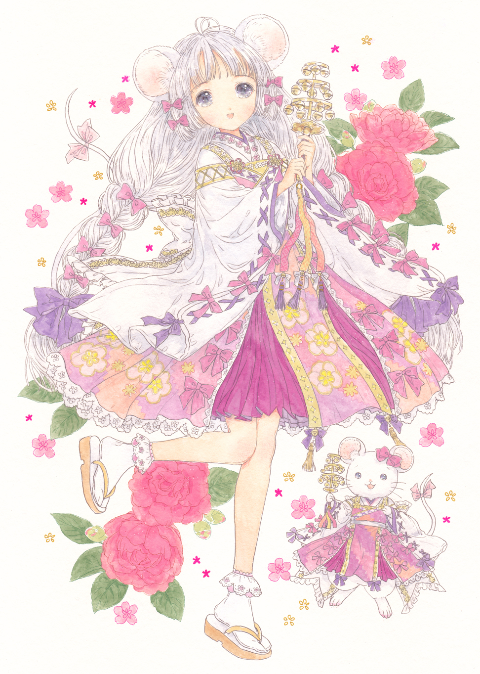 1girl ahoge bell bow braid cape clamp_(circle)_(style) dress flower frills grey_eyes heel_up highres hisakata_(hisa_nn) holding hydrangea japanese_clothes jingle_bell jingle_stick leaf long_hair long_sleeves looking_at_viewer miko mouse_(animal) mouse_girl mouse_tail multicolored_dress original painting_(medium) parted_lips pink_bow pink_dress pink_flower purple_bow sandals simple_background socks standing standing_on_one_leg tail traditional_media twin_braids twintails watercolor_(medium) white_background white_cape white_hair white_socks