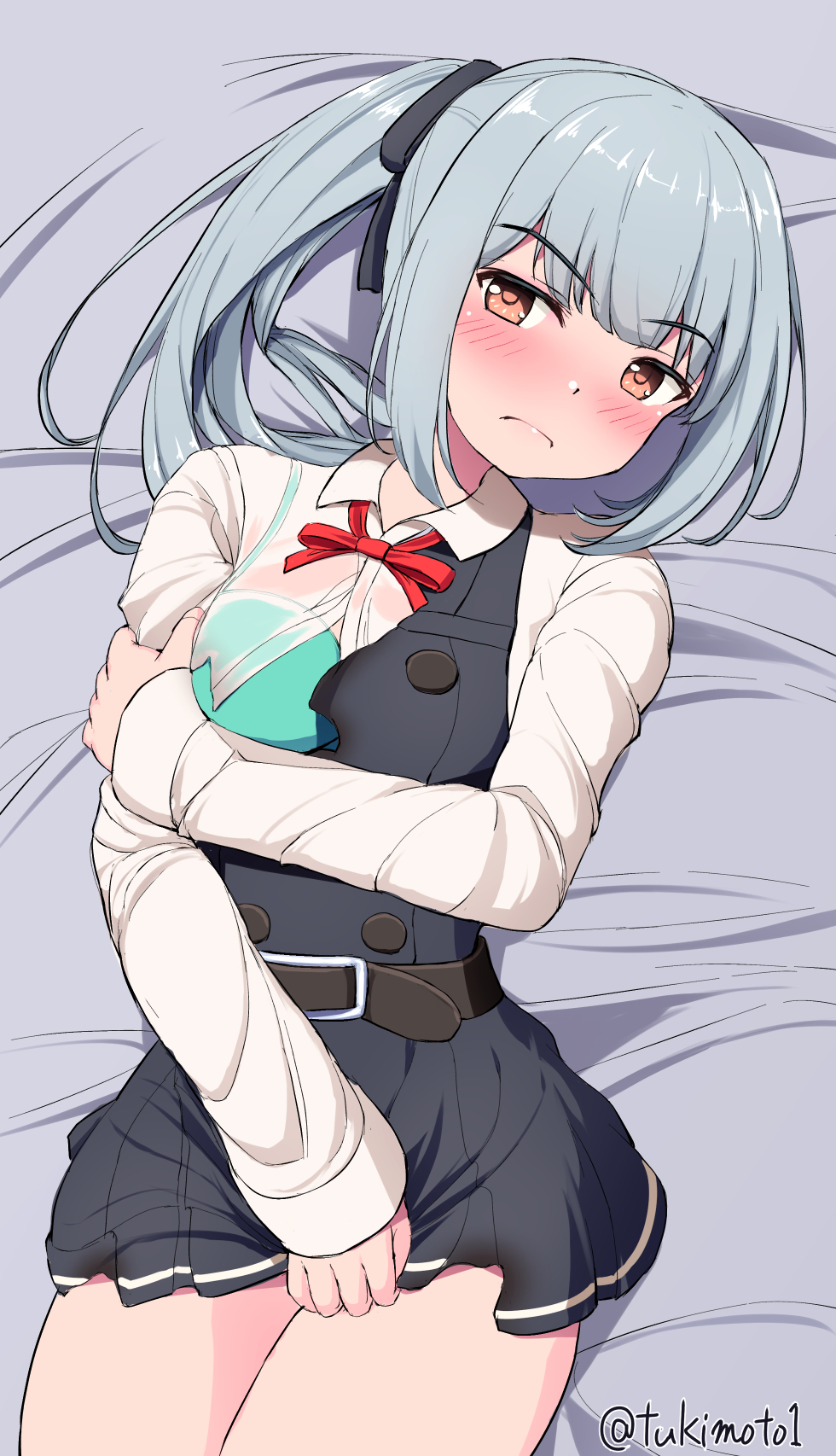 1girl belt black_belt black_ribbon blush bra breasts brown_eyes dress green_bra grey_hair hair_ribbon highres kantai_collection kasumi_(kancolle) kasumi_kai_ni_(kancolle) long_sleeves looking_at_viewer lying medium_breasts neck_ribbon on_back pinafore_dress red_ribbon ribbon school_uniform shirt side_ponytail sleeveless sleeveless_dress solo torn_clothes torn_dress torn_shirt tsukimoto_reiji underwear white_shirt