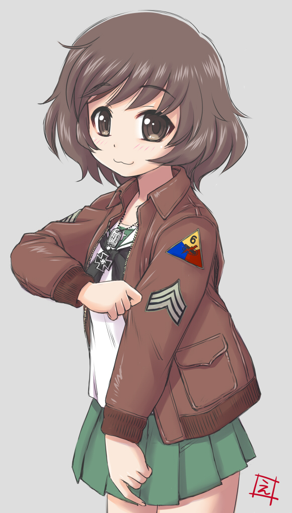 1girl :3 akiyama_yukari black_neckerchief brown_eyes brown_hair brown_jacket closed_mouth cowboy_shot cross dog_tags ebifly fury_(movie) girls_und_panzer green_skirt grey_background iron_cross jacket long_sleeves looking_at_viewer medium_hair miniskirt neckerchief ooarai_school_uniform open_clothes open_jacket patch pleated_skirt school_uniform serafuku shirt signature simple_background skirt smile solo swastika white_shirt