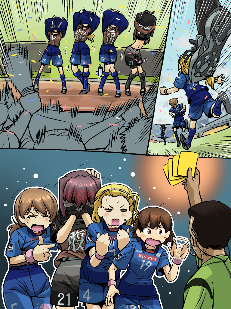 10s 4girls ague black_gloves black_legwear black_shirt blonde_hair blue_legwear blue_shirt blue_shorts brown_hair cleats closed_eyes clothes_lift covering_face embarrassed failure girls_und_panzer gloves hair_slicked_back hairband isobe_noriko j._league kawanishi_shinobu kondou_taeko long_hair midriff mito_hollyhock multiple_girls navel open_mouth ponytail r-ex running sasaki_akebi shirt shirt_lift short_hair short_ponytail shorts soccer_uniform socks sports_bra sportswear standing translated wristband yellow_card