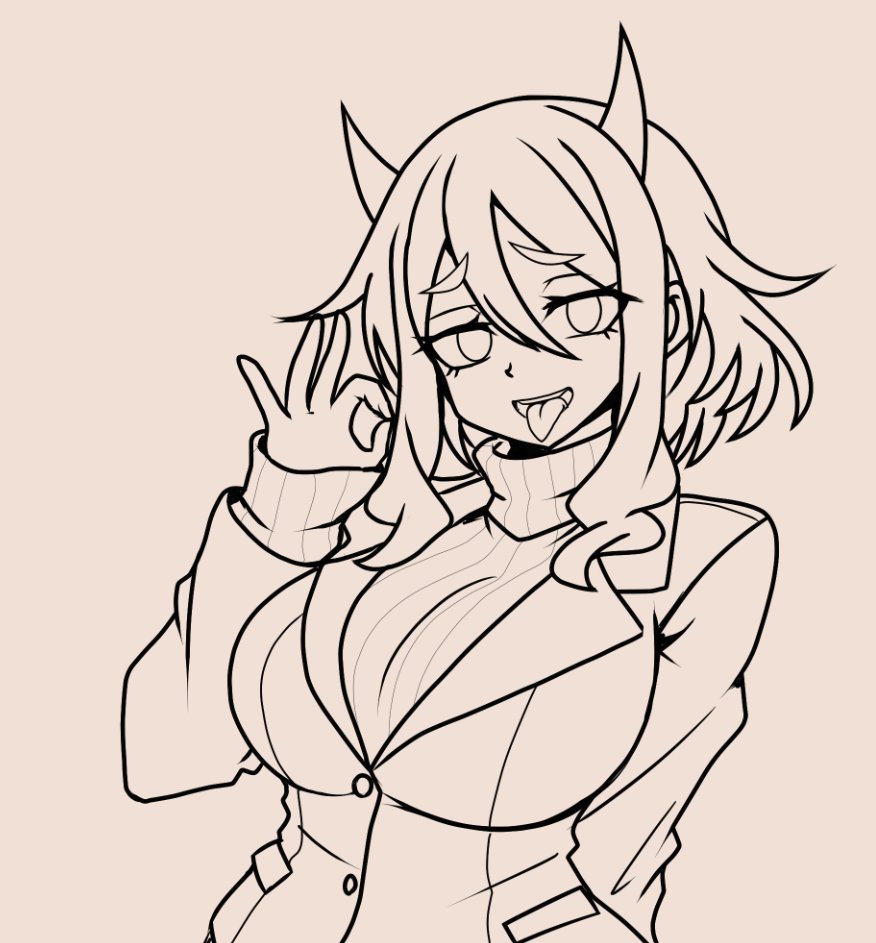 1girl black_jacket blush breasts demon_girl demon_horns fellatio_gesture fujita_yoshinobu_(ksk_oda) helltaker horns jacket large_breasts medium_hair modeus_(helltaker) simple_background solo sweater tail tongue tongue_out upper_body