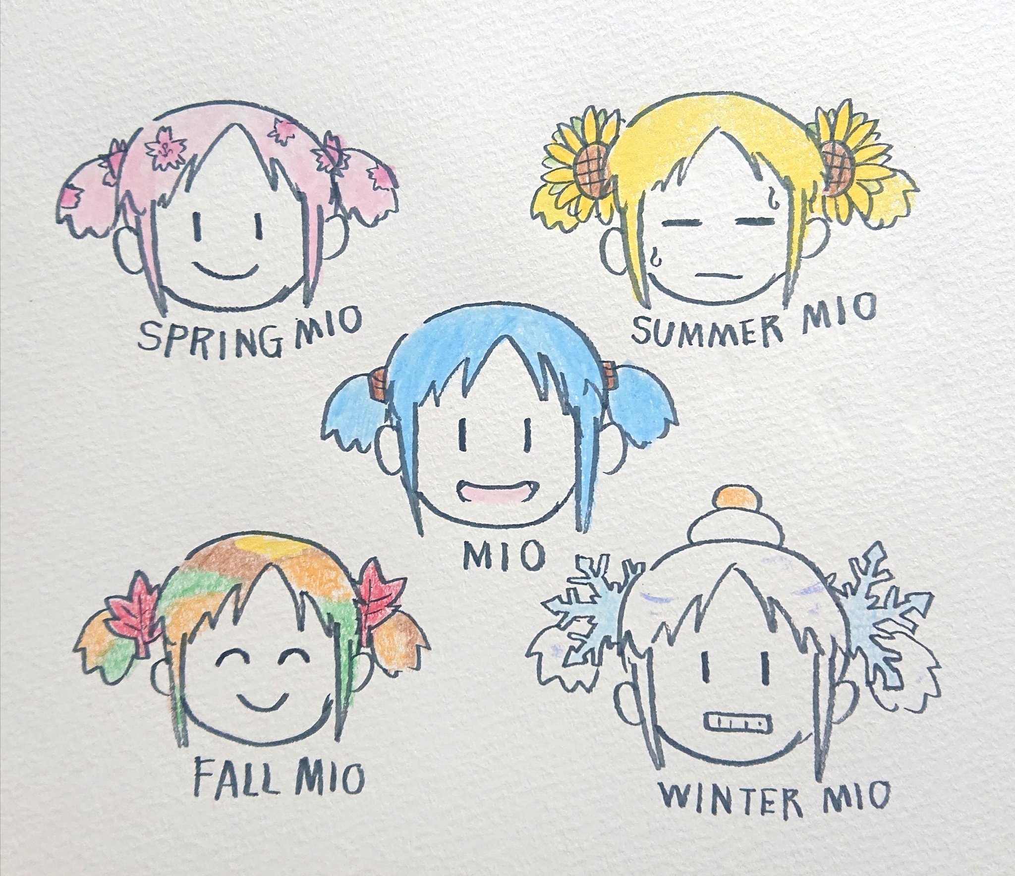 1girl ^_^ alpakaland alternate_hairstyle autumn_leaves blonde_hair cherry_blossoms clenched_teeth closed_eyes commentary cube_hair_ornament english_commentary english_text flower gradient_hair hair_flower hair_ornament highres leaf looking_at_viewer multicolored_hair multiple_views naganohara_mio nichijou open_mouth pink_hair seasons short_twintails sidelocks smile snowflake_hair_ornament sunflower teeth traditional_media twintails white_hair |_|