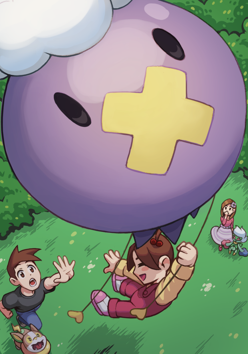 aroma_lady_(pokemon) balloon child drifloon fake_trading_card father_and_daughter flying from_above game_freak gen_4_pokemon gen_8_pokemon grass highres kidnapping mateus_upd nintendo overalls pet pink_overalls pokemon pokemon_(creature) roserade video_game yamper