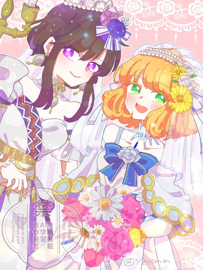 belt black_hair blush bouquet bow bridal_veil bride brooch choker dress earrings elbow_gloves fire_emblem fire_emblem:_genealogy_of_the_holy_war fire_emblem_heroes flower gloves hair_flower hair_ornament holding holding_bouquet jewelry lana_(bride)_(fire_emblem) lana_(fire_emblem) larcei_(bride_of_astra)_(fire_emblem) larcei_(fire_emblem) nintendo open_mouth orange_hair rose sidelocks smile strapless strapless_dress vambraces veil wedding_dress yzkmm