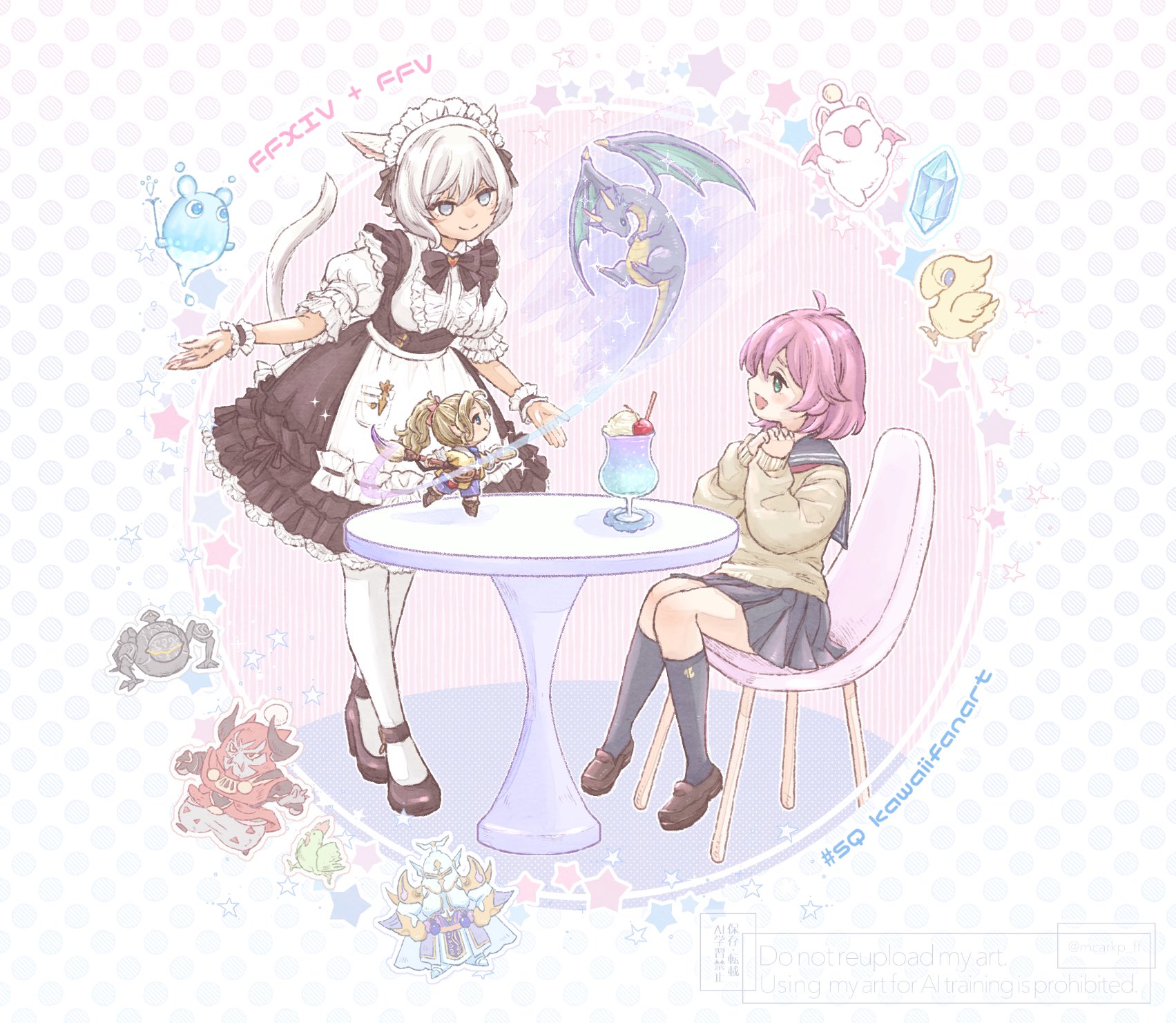 animal_ears apron cat_ears cat_tail chair chocobo contemporary crystal dragon enkidu_(ff14) exdeath final_fantasy final_fantasy_v final_fantasy_xiv food gilgamesh_(final_fantasy) highres hiryuu_(ff5) ice_cream in-franchise_crossover krile_baldesion_(ff14) lenna_charlotte_tycoon maid maid_apron maid_cafe maid_headdress mcarkp_ff miqo'te moogle omega_(final_fantasy) on_chair pink_hair school_uniform sundae table tail thighhighs y'shtola_rhul