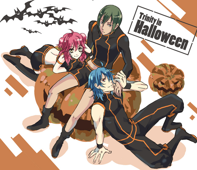 00s bat_(animal) gundam gundam_00 halloween jo_(artist) johann_trinity michael_trinity midriff nena_trinity pumpkin siblings