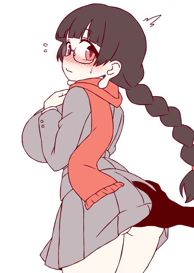 1girl 1other ass bespectacled black-framed_eyewear black_hair blush braid breasts closed_mouth commentary cowboy_shot dress glasses grabbing_another&#039;s_ass grey_dress groping ketsumaimo large_breasts long_earlobes long_hair looking_at_viewer looking_back nose_blush red_eyes red_scarf scarf short_dress simple_background single_braid solo_focus touhou underbutt white_background yatadera_narumi