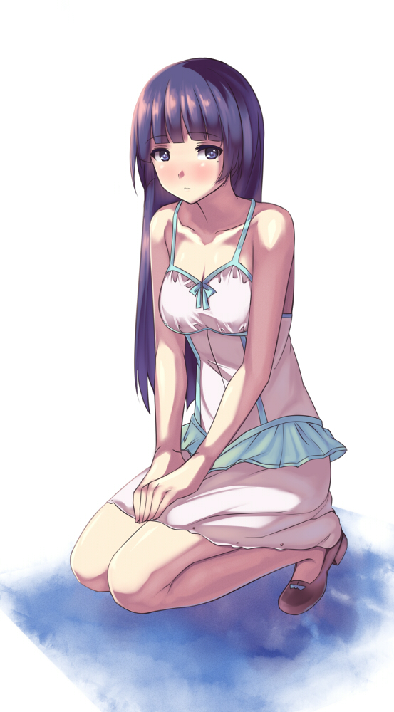 1girl black_hair blue_eyes breasts cleavage dress female_focus gokou_ruri hime_cut kneeling long_hair looking_at_viewer ore_no_imouto_ga_konna_ni_kawaii_wake_ga_nai own_hands_together saiste simple_background solo sundress white_background white_dress