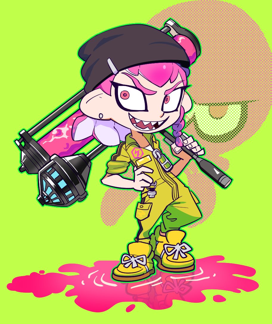 1boy beanie braid collared_jumpsuit danganronpa_(series) danganronpa_2:_goodbye_despair dynamo_roller_(splatoon) hat ink jumpsuit looking_at_viewer milifeimili nintendo octoling pink_eyes pink_hair sharp_teeth side_braid soda_kazuichi splatoon_(series) splatoon_3 teeth yellow_jumpsuit