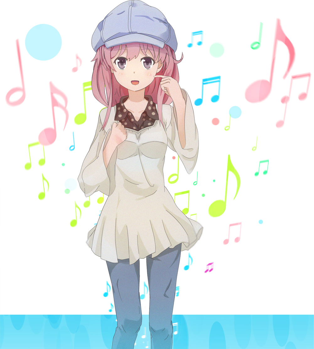 1girl :d bad_id bad_pixiv_id casual female_focus hat long_hair looking_at_viewer meigo_arisa musical_note open_mouth patisurotto pink_hair purple_eyes smile solo toaru_majutsu_no_index