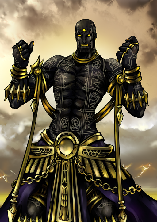 1boy arms_up bald black_skin bracelet brown_background cape clenched_hands clenched_teeth colored_skin darius_iii_(fate) earrings facial_tattoo fate/grand_order fate_(series) feet_out_of_frame full-body_tattoo gold_bracelet gold_earrings gold_ring jewelry lightning looking_at_viewer male_focus multiple_bracelets multiple_rings muscular muscular_male no_eyebrows official_art pfalz purple_cape revision ring solid_eyes solo standing tattoo teeth third-party_source third_eye topless_male waist_cape yellow_eyes yellow_teeth