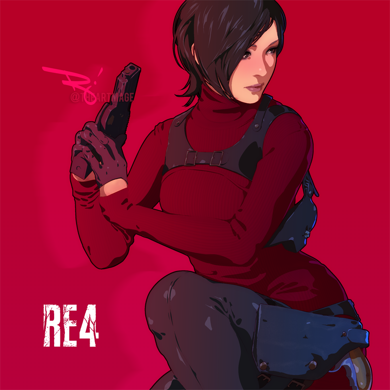 1girl ada_wong black_eyes black_hair blush breasts feet_out_of_frame gloves gun holding holding_weapon kneeling medium_breasts one_eye_obstructed red_background resident_evil resident_evil_4 resident_evil_4_(remake) sweater the_art_mage weapon