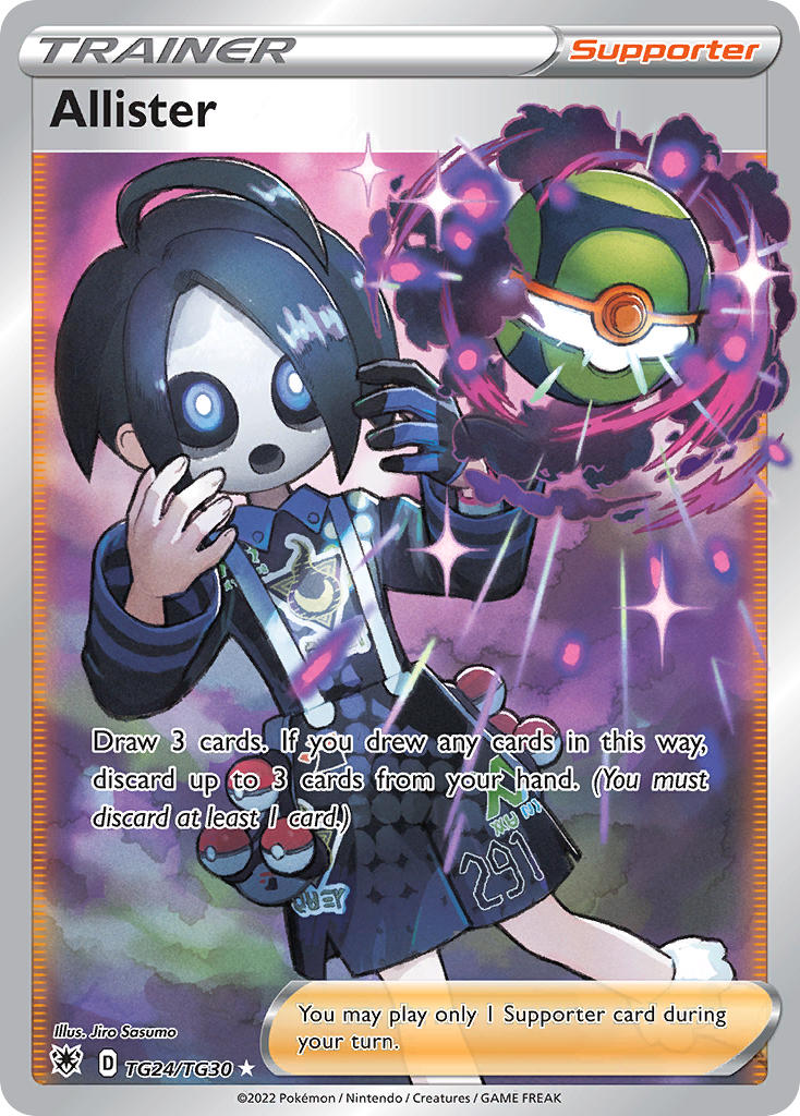 1boy ahoge allister_(pokemon) artist_name black_gloves black_hair black_shirt black_shorts bright_pupils card_(medium) character_name company_name copyright_name copyright_notice dusk_ball english_text gloves long_sleeves male_focus nintendo official_art open_poke_ball poke_ball poke_ball_(basic) pokemon pokemon_card pokemon_swsh pokemon_tcg purple_eyes sasumata_jirou shirt short_hair shorts single_glove solo sparkle third-party_source trading_card white_mask white_pupils