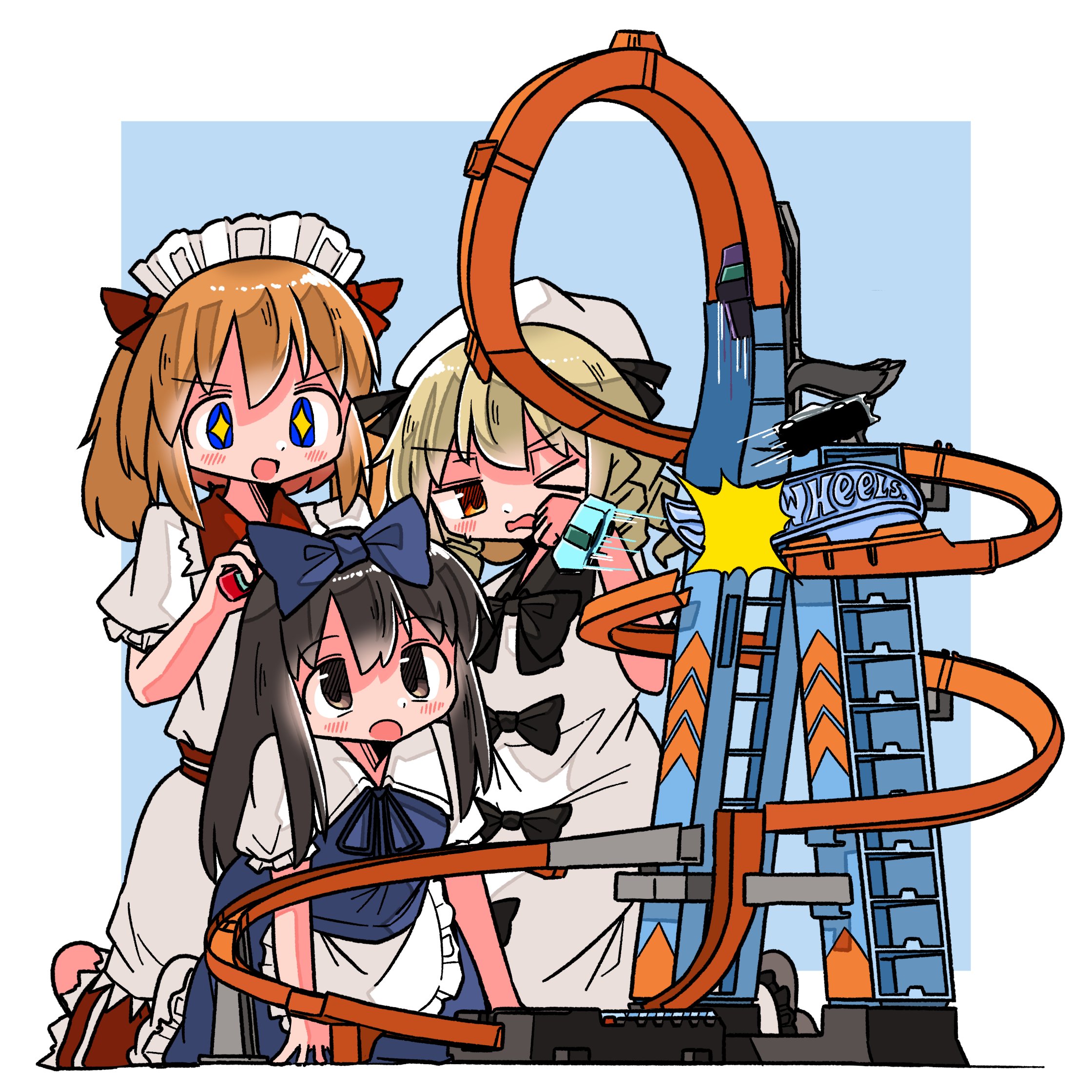 >_o +_+ 3girls :o alt_text apron black_hair blonde_hair blue_background blue_bow blue_dress blue_eyes bow commission dress hair_bow hat highres hot_wheels kasuya_baian luna_child maid_headdress multiple_girls one_eye_closed open_mouth orange_hair red_eyes simple_background star_sapphire sunny_milk touhou toy_car waist_apron white_apron white_dress white_hat