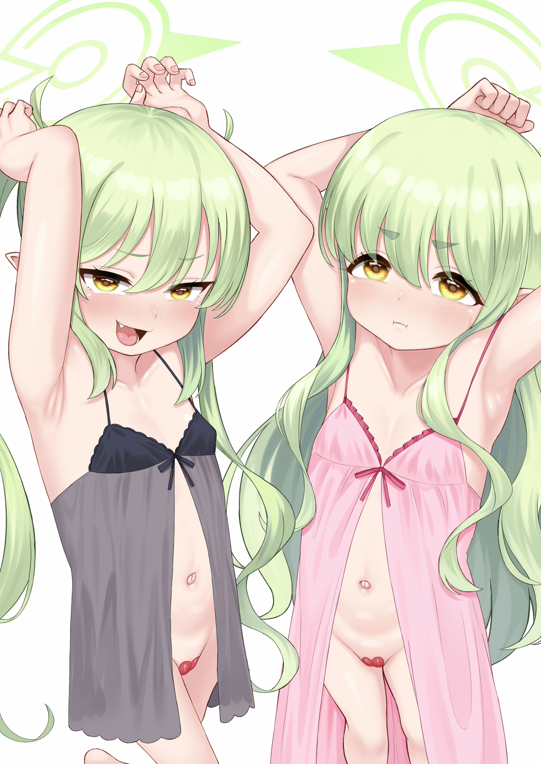 2girls alternate_costume armpits arms_up atg_(wttoo0202) babydoll bare_arms bare_shoulders black_babydoll blue_archive blush breasts green_hair groin halo heart_maebari highres hikari_(blue_archive) loli long_hair looking_at_viewer maebari multiple_girls navel nozomi_(blue_archive) open_mouth paid_reward_available pink_babydoll pointy_ears siblings simple_background sisters small_breasts smile stomach take_your_pick underwear underwear_only very_long_hair white_background yellow_eyes