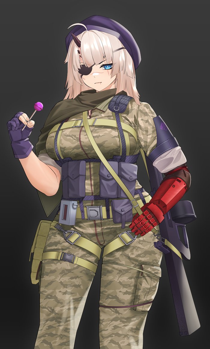 aa-12 aa-12_(girls&#039;_frontline) automatic_shotgun beanie blue_eyes camouflage candy cape combat_shotgun cosplay drum_magazine eyepatch food girls&#039;_frontline gun hat high-capacity_magazine holding holding_candy holding_food holding_lollipop horns lollipop magazine_(weapon) metal_gear_(series) metal_gear_solid_v:_the_phantom_pain military military_combat_uniform military_uniform prosthesis prosthetic_arm samsam_s2s scar scar_on_face shotgun single_horn venom_snake venom_snake_(cosplay) weapon