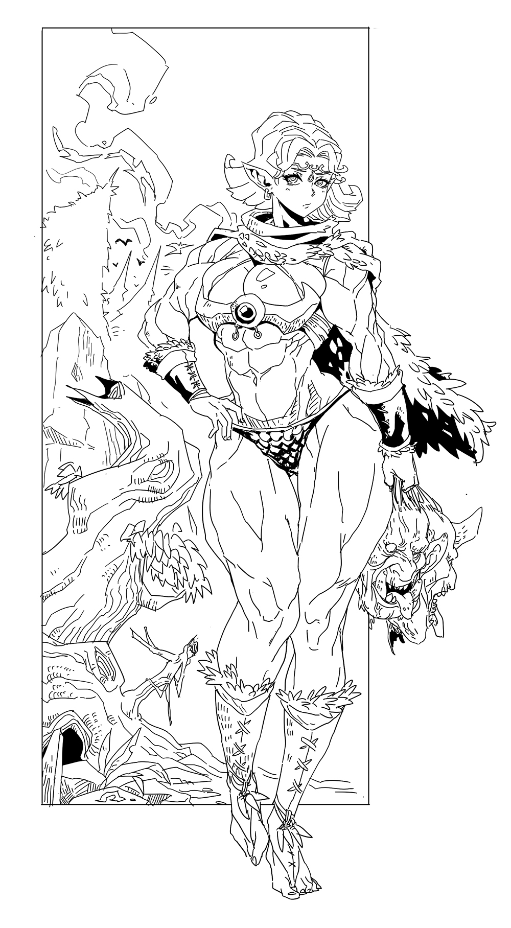 1girl abs armor barefoot biceps bikini_armor bracer breasts decapitation earrings elf greaves greyscale highres jewelry monochrome muscular muscular_female orc original pointy_ears rmulderz scarf short_hair toned tree