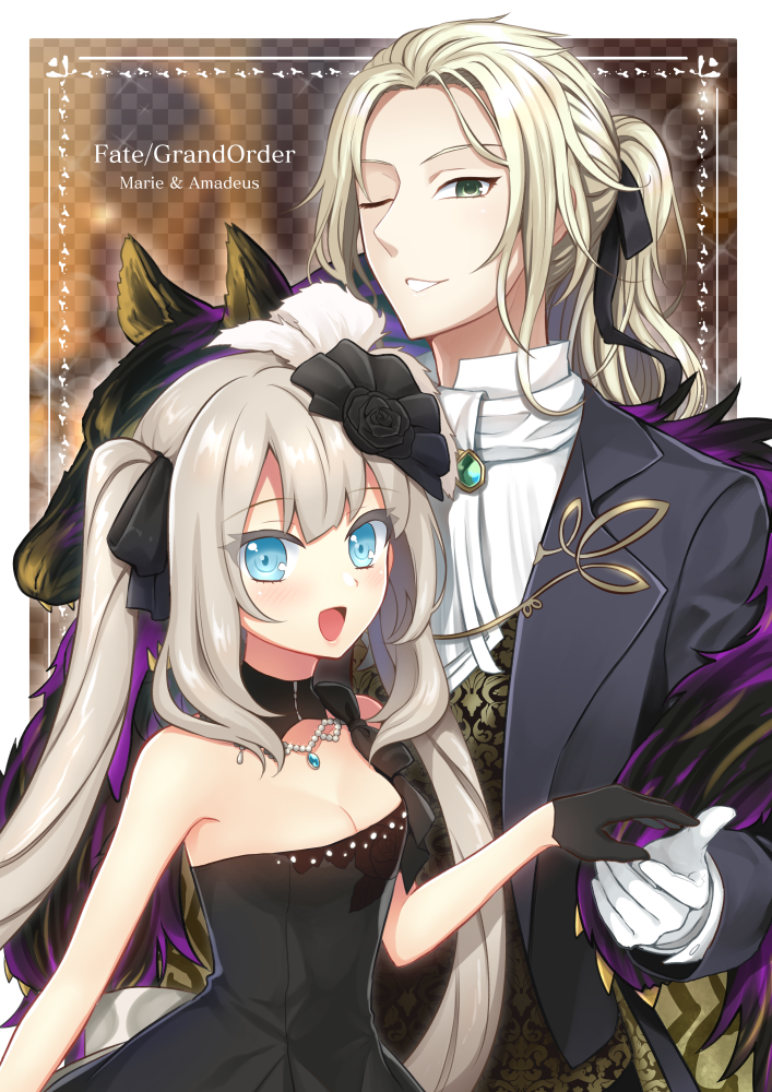 1boy 1girl :d black_dress black_flower black_gloves black_jacket black_ribbon blue_eyes breasts character_name choker cleavage dress fate/grand_order fate_(series) flower gloves green_eyes hair_flower hair_ornament hair_ribbon jacket jewelry long_hair marie_antoinette_(fate) marie_antoinette_(formal_dress)_(fate) medium_breasts nakamura_hinato necklace official_alternate_costume one_eye_closed open_clothes open_jacket open_mouth ponytail ribbon silver_hair sleeveless sleeveless_dress smile strapless strapless_dress twintails upper_body very_long_hair white_gloves wolfgang_amadeus_mozart_(fate) wolfgang_amadeus_mozart_(formal_dress)_(fate)