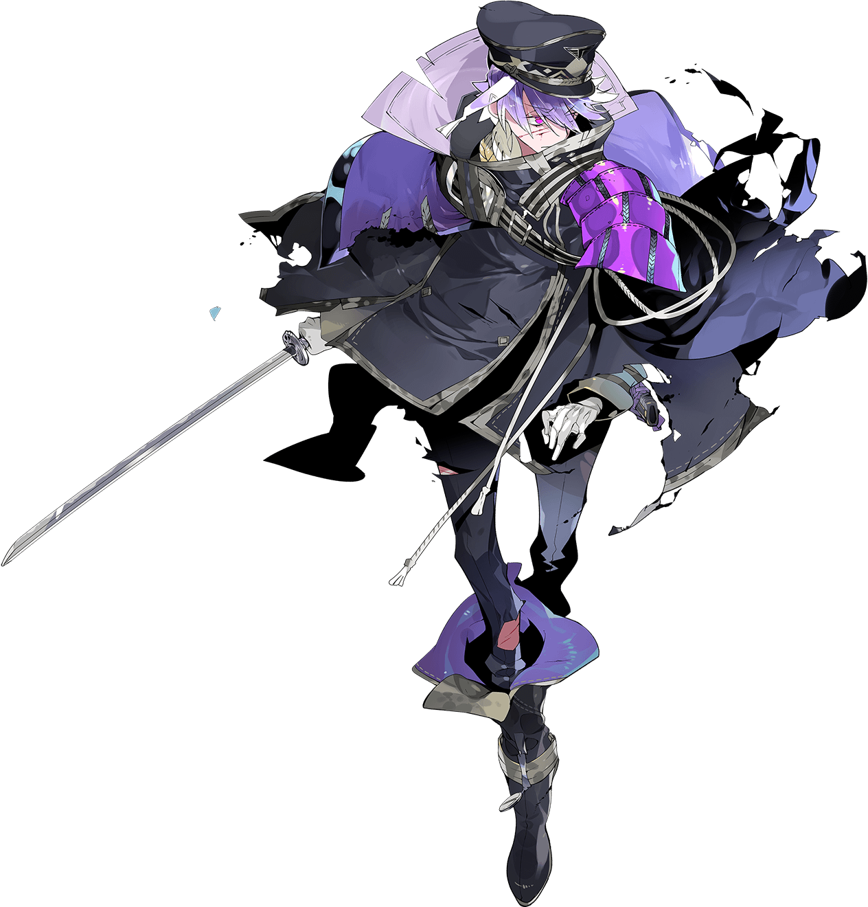 1boy armor black_pants blood boots coat eyes_visible_through_hair gloves hat highres injury japanese_armor katana kukicha male_focus military_hat minamoto_kiyomaro official_art pants purple_eyes purple_hair shoulder_armor sode sword torn_clothes torn_pants touken_ranbu transparent_background weapon white_gloves