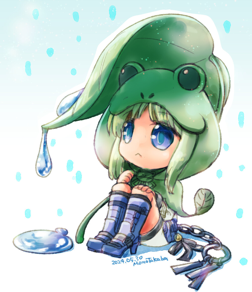 1girl :&lt; animal_hood artist_name blue_boots blue_eyes boots chain chibi chibi_only closed_mouth commentary_request dated expressionless frog_hood full_body green_hair hood jumpsuit leaf_umbrella mechanic_(ragnarok_online) ragnarok_online rain short_hair sitting solo takaha_momo water_drop white_background white_jumpsuit