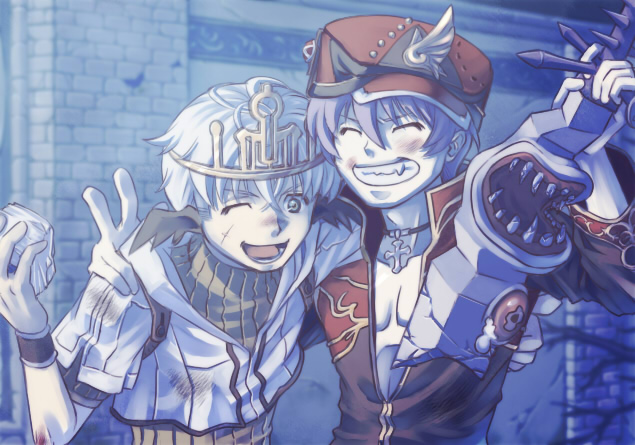 2boys after_battle black_coat blood brick_wall broken broken_sword broken_weapon brown_shirt clenched_teeth closed_eyes coat commentary_request cross cross_necklace crown crying demon_wings green_eyes grin hair_between_eyes happy hat hug hunter_(ragnarok_online) in-universe_location jewelry living_weapon looking_at_viewer male_focus monster multicolored_coat multiple_boys necklace ogretooth one_eye_closed open_mouth priest_(ragnarok_online) purple_hair ragnarok_online red_coat red_headwear scratches shirt short_hair smile standing susukinohukurou sword teeth two-tone_coat upper_body weapon white_hair white_shirt wings wristband
