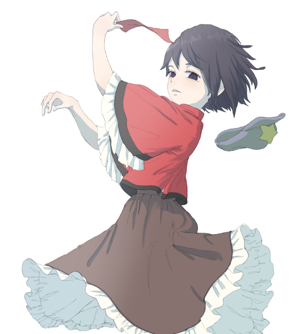 1girl as_scolipede black_eyes black_hair brown_skirt newsboy_cap cowboy_shot frilled_skirt frilled_sleeves frills from_side grey_hat hat hat_loss hat_ornament holding_ofuda jiangshi looking_at_viewer looking_to_the_side miyako_yoshika ofuda ofuda_removed parted_lips red_shirt shirt short_hair short_sleeves simple_background skirt smile solo star_(symbol) star_hat_ornament touhou unworn_hat unworn_headwear white_background wide_sleeves