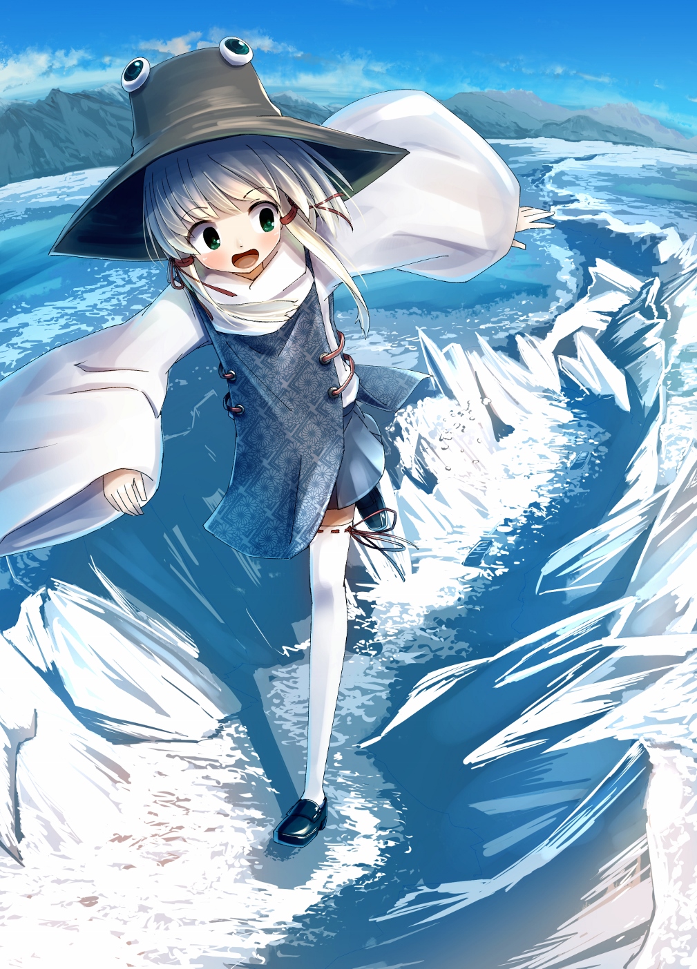 1girl aqua_vest black_shoes blue_sky brown_hat green_eyes hair_ribbon hat highres ice landscape mankun moriya_suwako mountain ocean open_mouth ribbon ribbon-trimmed_legwear ribbon-trimmed_thighhighs ribbon_trim running scenery shoes sky smile solo thighhighs touhou vest white_hair wide_sleeves