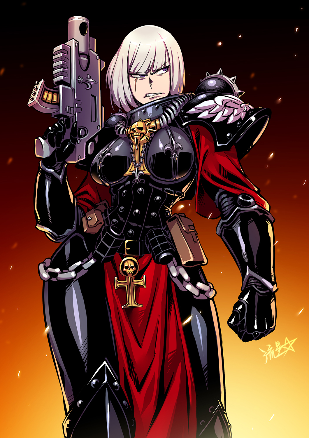 .75_calibre_bolt 1girl adepta_sororitas ammunition anti-materiel_cartridge armor bolt_(warhammer_40k) bolt_pistol bolter chain commentary embers english_commentary fleur-de-lis frown gun high-explosive_cartridge highres holding holding_gun holding_weapon looking_to_the_side pauldrons pouch power_armor rocket-assisted_projectile rosary ryuusei_(mark_ii) scar scar_across_eye scar_on_face shoulder_armor signature skull solo warhammer_40k weapon white_hair window_magazine