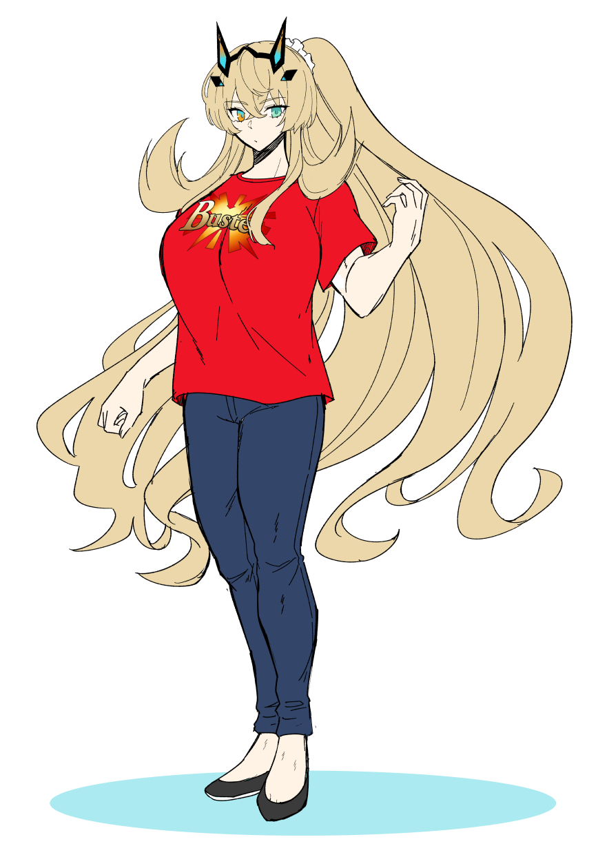 1girl barghest_(fate) blonde_hair breasts buster_shirt fate/grand_order fate_(series) full_body green_eyes hand_up heterochromia highres large_breasts long_hair looking_at_viewer red_shirt shirt solo torinonest yellow_eyes
