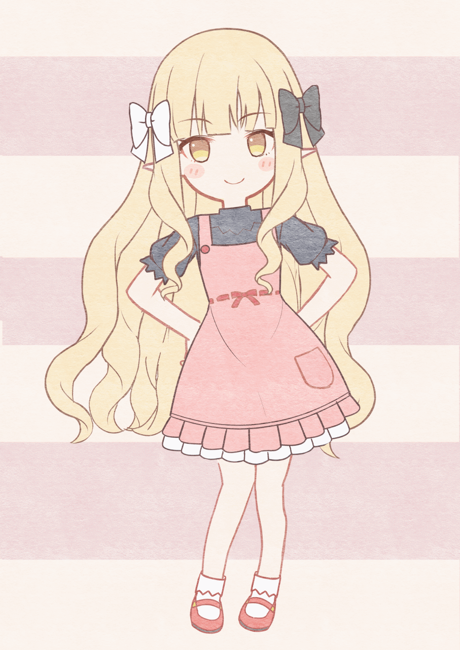 1girl animated animated_gif black_shirt blonde_hair blush bow breasts chibi dancing dress elf full_body hair_bow highres long_hair looking_at_viewer pink_dress pointy_ears princess_connect! puffy_short_sleeves puffy_sleeves saren_(princess_connect!) shirt short_sleeves sidelocks sixteenpo smile solo yellow_eyes