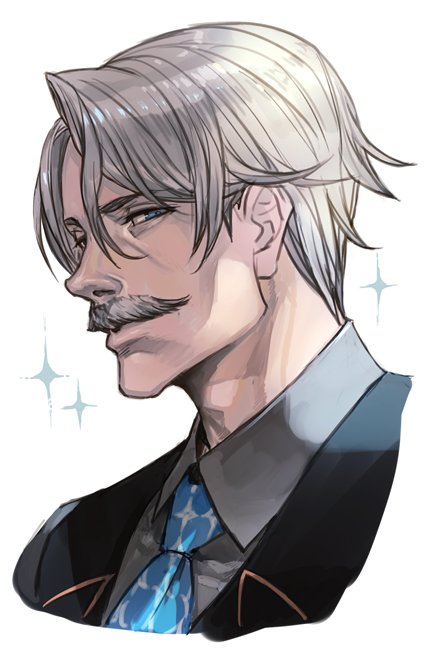 1boy black_jacket blue_eyes blue_necktie collared_shirt facial_hair fate/grand_order fate_(series) grey_hair grey_shirt hungry_clicker jacket james_moriarty_(archer)_(fate) james_moriarty_(gray_collar)_(fate) looking_at_viewer male_focus manly mustache necktie shirt simple_background solo sparkle upper_body white_background wing_collar