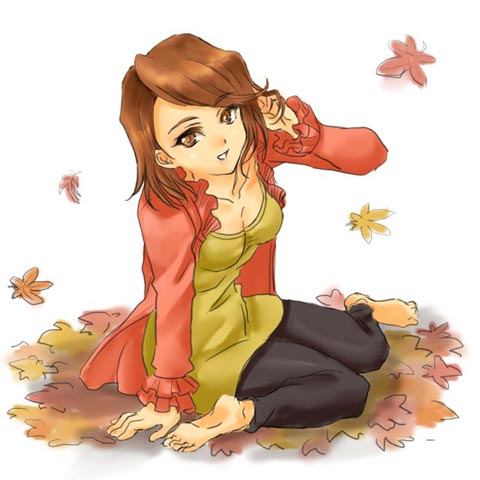 00s barefoot brown_eyes brown_hair casual fujieda_kaede hutoshi_akira leaf lowres sakura_taisen sakura_taisen_ii short_hair