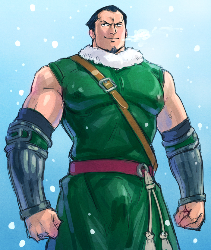 1boy 329 arm_guards bad_id bad_pixiv_id belt black_eyes black_hair blue_sky breath clenched_hands cowboy_shot dalton_(one_piece) drum_island covered_erect_nipples facial_hair goatee hair_slicked_back looking_away male_focus muscular one_piece package sketch sky smile snow snowing solo standing tunic