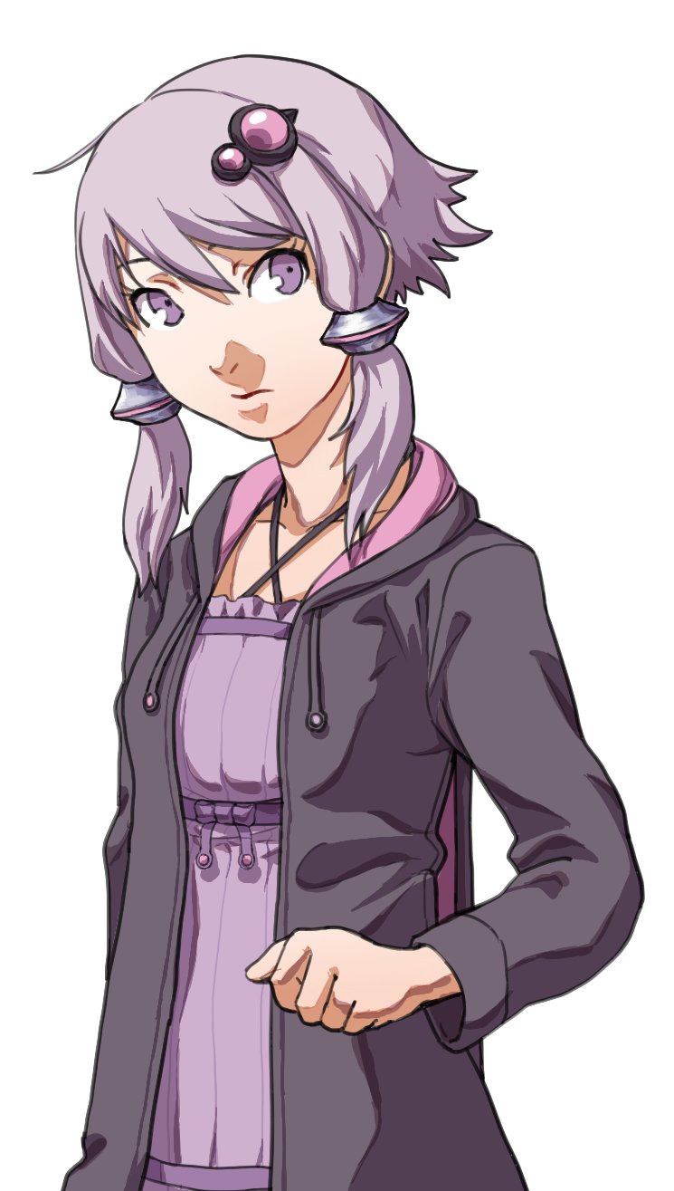 1girl animal_hood black_hoodie clenched_hand closed_mouth collarbone commentary_request criss-cross_halter dress expressionless hair_ornament halter_dress halterneck hand_up highres hood hood_down hoodie light_purple_hair long_sleeves looking_at_viewer mashima_jirou open_clothes open_hoodie parody persona pink_hoodie purple_dress purple_eyes rabbit_hood ribbed_dress short_hair short_hair_with_long_locks soejima_shigenori_(style) solo style_parody two-tone_hoodie upper_body vocaloid voiceroid white_background yuzuki_yukari