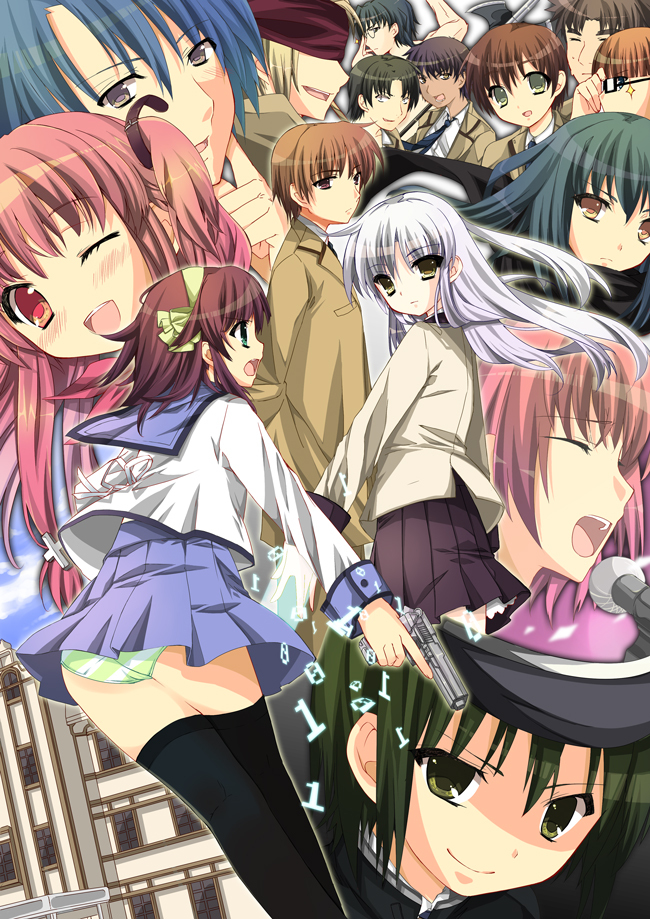 10s 5girls angel_beats! bad_id bad_pixiv_id bandana binary black_hair black_thighhighs blonde_hair blue_hair blush brown_eyes brown_hair closed_eyes covering_face covering_own_eyes covering_privates everyone fujimaki_(angel_beats!) glasses green_eyes green_hair green_panties gun hairband halberd hat hinata_hideki iwasawa_masami long_hair looking_back microphone multiple_girls nakamura_yuri naoi_ayato necktie noda_(angel_beats!) one_eye_closed ooyama_(angel_beats!) open_mouth orange_hair otonashi_yuzuru panties pantyshot pink_eyes pink_hair polearm purple_eyes purple_hair school_uniform serafuku shiina_(angel_beats!) shirasaya short_hair short_twintails silver_hair striped_clothes striped_panties takamatsu_(angel_beats!) takeyama_(angel_beats!) tenshi_(angel_beats!) thighhighs tk_(angel_beats!) twintails two_side_up underwear very_long_hair weapon wink yellow_eyes yu_yu yui_(angel_beats!)