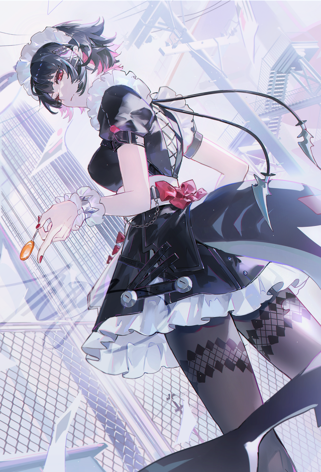 1girl black_dress black_hair breasts candy chain colored_inner_hair commentary cowboy_shot dress ellen_joe fins fish_tail food grey_pantyhose highres holding holding_candy holding_food holding_lollipop lollipop maid maid_headdress medium_breasts mors_gn multicolored_hair pantyhose petticoat pink_eyes pink_hair puffy_short_sleeves puffy_sleeves shark_tail short_dress short_hair short_sleeves solo tail wrist_cuffs zenless_zone_zero