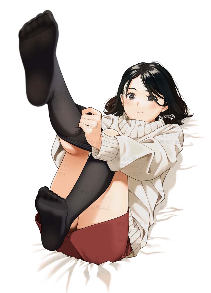 1girl :/ adjusting_clothes adjusting_legwear artist_name bed_sheet black_hair black_socks blush brown_eyes closed_mouth clothes_pull feet foreshortening full_body grey_sweater knees_together_feet_apart leg_up legs long_sleeves looking_at_viewer mattaku_mousuke medium_hair miniskirt no_shoes original pantyhose pantyhose_pull parted_bangs red_skirt shadow signature simple_background skirt socks soles solo sweater toes watermark