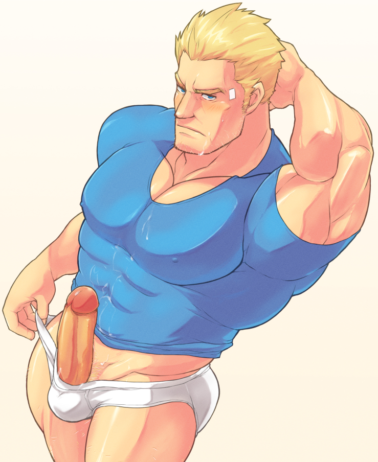 1boy arm_behind_head arm_up bandaid bandaid_on_head bara beard_stubble blonde_hair blush briefs cid_highwind closed_mouth collarbone commentary_request covered_abs covered_erect_nipples covered_pectorals covered_testicles cum cum_on_body erection facial_hair final_fantasy final_fantasy_vii hand_on_own_head looking_at_viewer looking_up magnum_feering male_focus male_underwear male_underwear_pull muscular muscular_male pectorals penis shirt stubble tight_clothes tight_shirt underwear white_background white_male_underwear