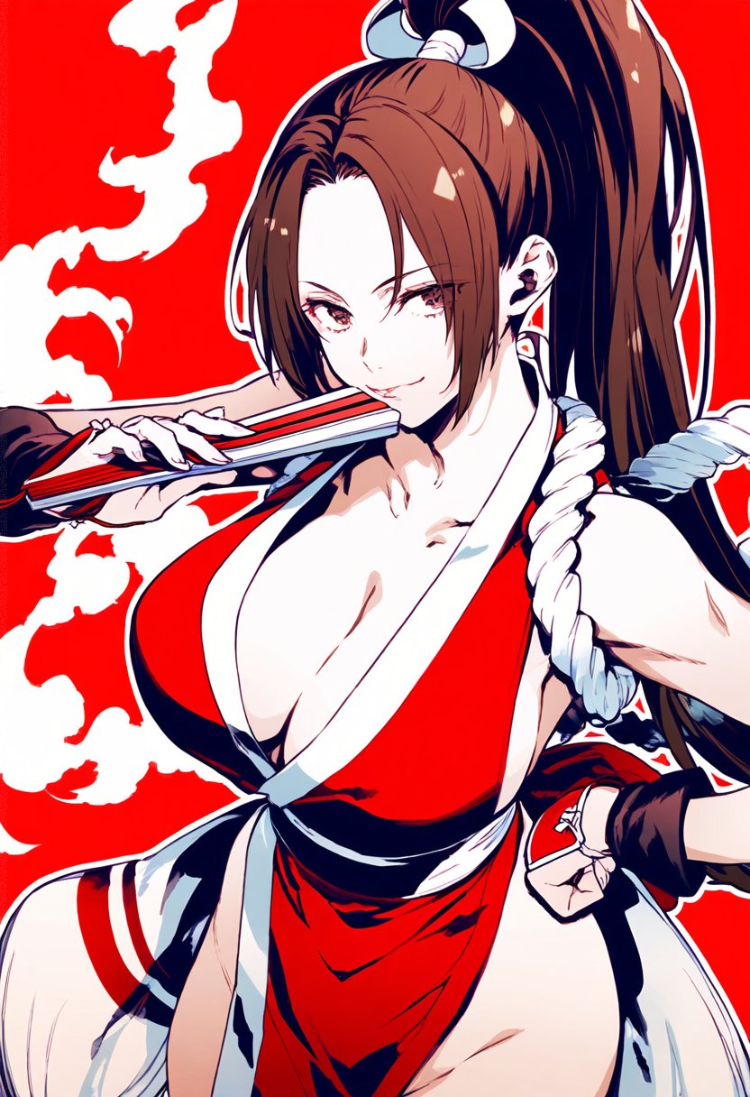 1girl arm_up bad_tag breasts brown_hair capcom cleavage clenched_hands collarbone cowboy_shot crossover fatal_fury female_focus fingerless_gloves from_above gloves groin hand_fan hand_on_own_hip highleg highres japanese_clothes large_breasts lips long_hair looking_at_viewer ninja obi open_clothes parted_bangs pelvic_curtain ponytail red_background red_eyes rope sash shiranui_mai simple_background snk solo standing street_fighter street_fighter_6 the_king_of_fighters very_long_hair warotamin3