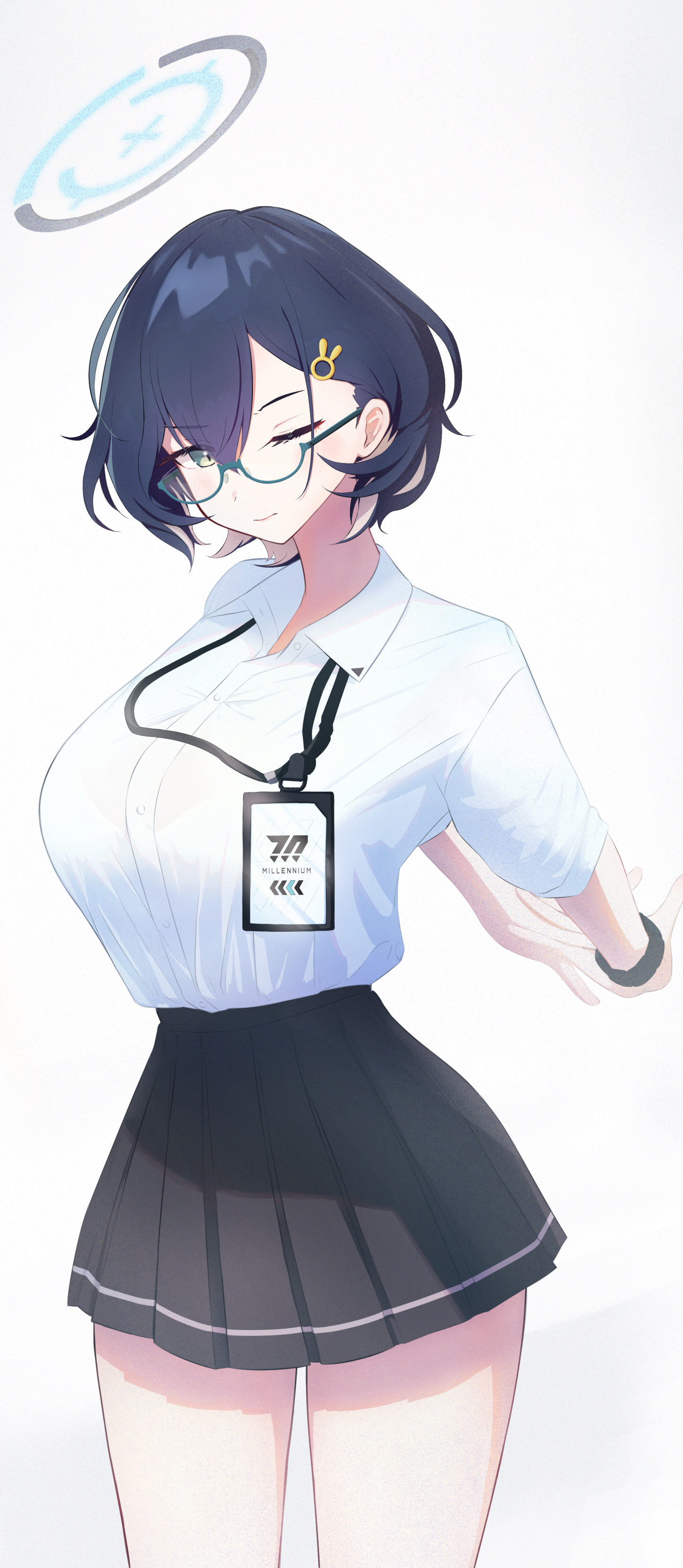 1girl ;) absurdres aqua-framed_eyewear black_skirt blue_archive blue_eyes blue_hair blue_halo breasts chihiro_(blue_archive) closed_mouth collared_shirt glasses hair_ornament halo hands_behind highres id_card large_breasts makolas97 medium_hair one_eye_closed pleated_skirt semi-rimless_eyewear shadow shirt shirt_tucked_in skirt smile solo stretching white_background white_shirt