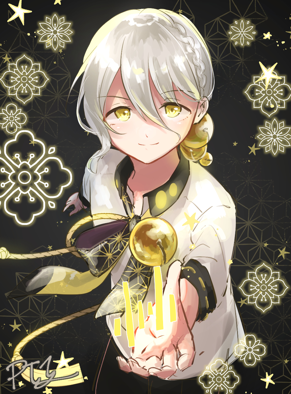 1boy asa_no_ha_(pattern) bell black_background black_necktie braid commentary floral_print foreshortening french_braid glowing graphic_equalizer grey_hair hair_bell hair_ornament highres iori_yuzuru leaning_forward looking_at_viewer male_focus neck_bell necktie outstretched_arm pty reaching reaching_towards_viewer rope_belt shirt signature smile solo star_(symbol) upper_body voiceroid white_shirt yellow_eyes yellow_necktie