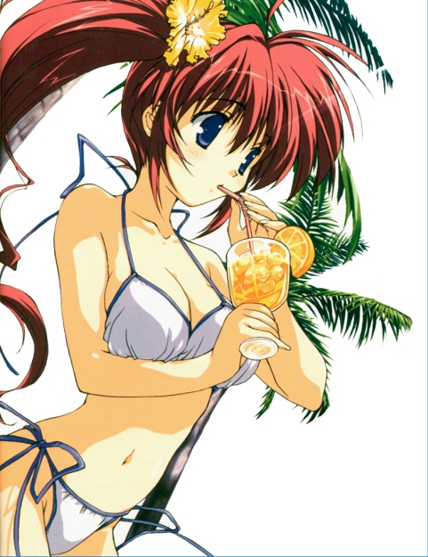 00s 1girl bikini blue_eyes breasts cleavage comic_party drinking drinking_straw female_focus flower hibiscus palm_tree red_hair side-tie_bikini_bottom side_ponytail solo swimsuit takase_mizuki tree white_bikini