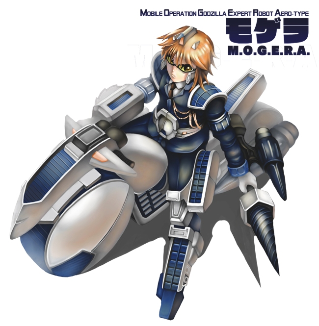 1girl acronym armor blonde_hair breasts buzzsaw_(tool) character_name circular_saw godzilla_(series) godzilla_vs._spacegodzilla kaiju looking_at_viewer ma_sen mecha military moguera motor_vehicle motorcycle necktie personification polearm robot saw simple_background small_breasts spear sunglasses toho weapon white_background