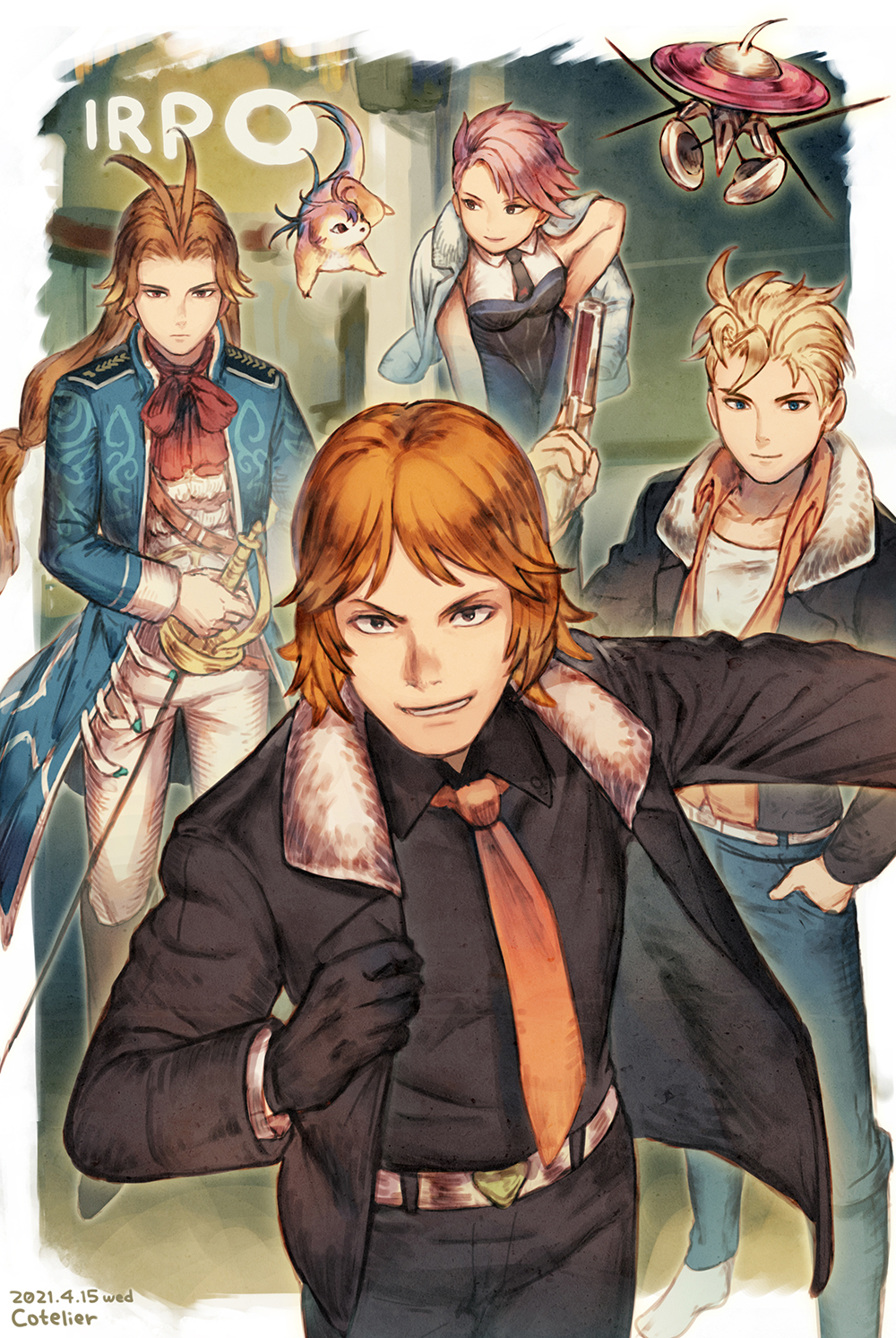 1girl 3boys blonde_hair breasts brown_hair closed_mouth cotelier cotton_(saga_frontier) dated doll_(saga_frontier) fuse_(saga_frontier) gloves gun highres holding holding_weapon looking_at_viewer medium_breasts multiple_boys purple_eyes purple_hair ren_(saga_frontier) saga saga_frontier short_hair silence_(saga_frontier) smile sword weapon