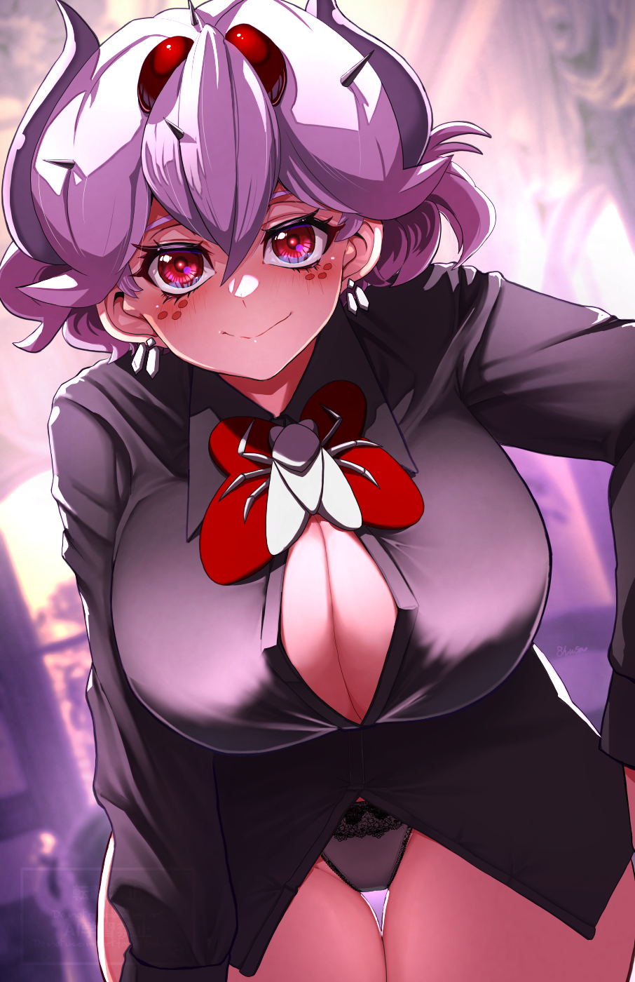 1girl beelzebub_(helltaker) black_shirt blush bowing breasts cleavage_cutout clothing_cutout demon demon_girl demon_horns earrings freckles fujioka_yatsufusa helltaker highres horns jewelry large_breasts looking_at_viewer panties shirt short_hair smile spikes standing thighs underwear white_hair white_horns