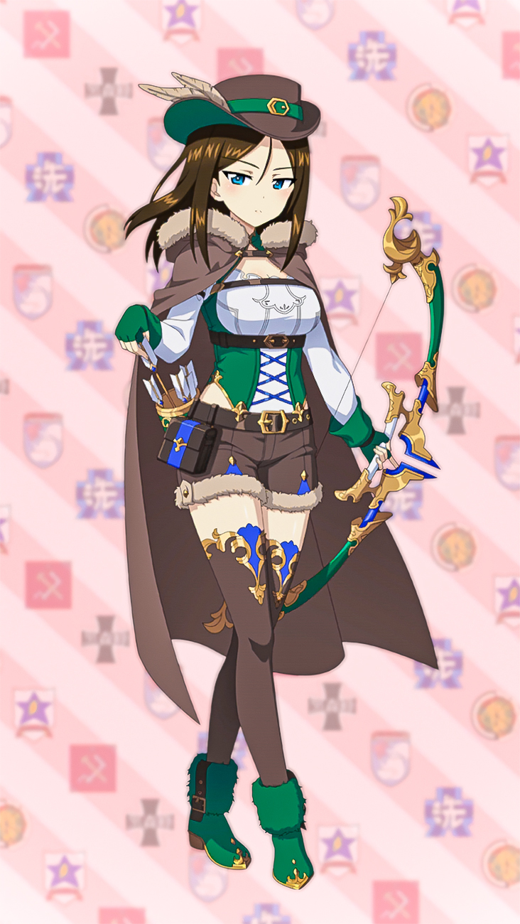 arrow_(projectile) boots bow_(weapon) cape corset cross-laced_clothes cross-laced_corset feathers fur-trimmed_cape fur_trim girls_und_panzer girls_und_panzer_senshadou_daisakusen! gloves green_boots green_gloves hat highres logo nonna_(girls_und_panzer) official_alternate_costume official_art standing thighhighs weapon